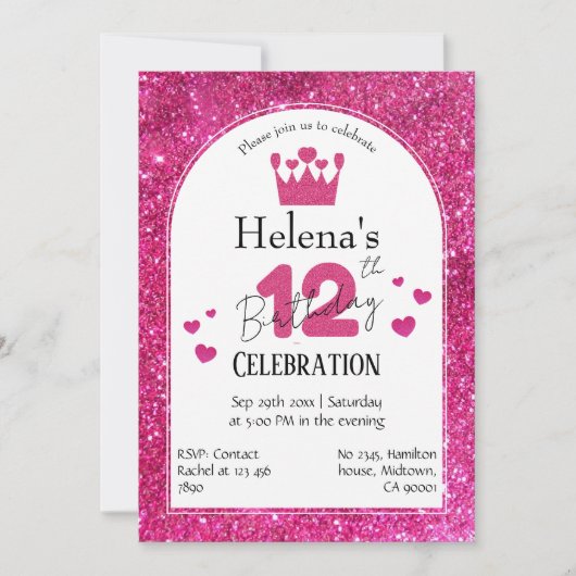 Roze glitter schattig levendig sprankelend 12e ver kaart (Voorkant)