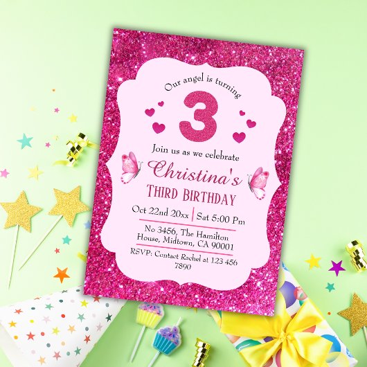 Roze glitter schattig levendig sprankelend 3e verj kaart