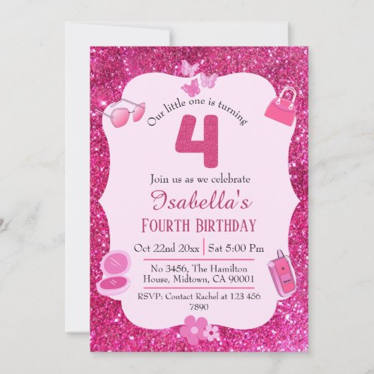 Roze glitter schattig levendig sprankelend 4e verj kaart (Voorkant)