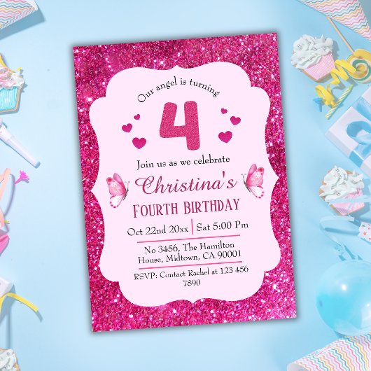 Roze glitter schattig levendig sprankelend 4e verj kaart