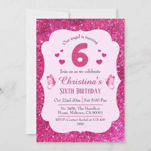 Roze glitter schattig levendig sprankelend 6e verj kaart (Voorkant)