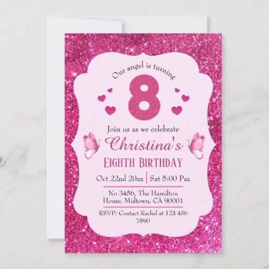 Roze glitter schattig levendig sprankelend 8e verj kaart (Voorkant)