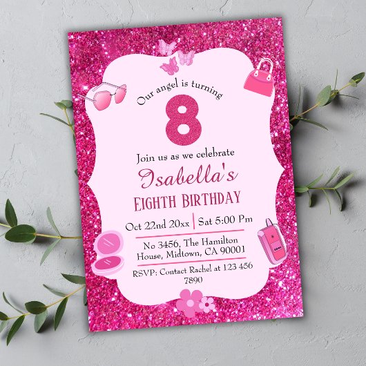 Roze glitter schattig levendig sprankelend 8e verj kaart