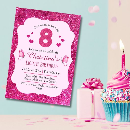 Roze glitter schattig levendig sprankelend 8e verj kaart