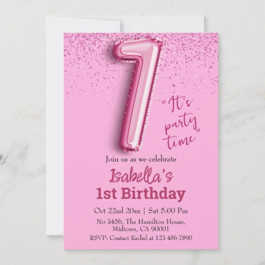 Roze glitter schattige ballon no.1 girly 1e verjaa kaart (Voorkant)