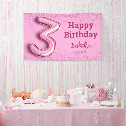 Roze glitter schattige ballon no.3 girly 3e verjaa spandoek (Feest)