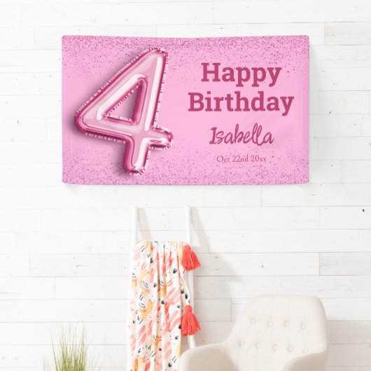 Roze glitter schattige ballon no.4 girly 4e verjaa spandoek (Insitu)
