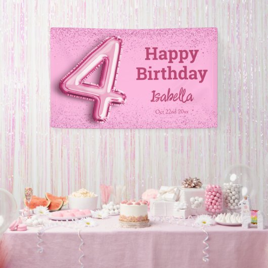 Roze glitter schattige ballon no.4 girly 4e verjaa spandoek (Feest)