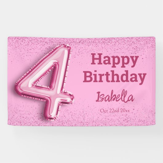 Roze glitter schattige ballon no.4 girly 4e verjaa spandoek (Horizontaal)