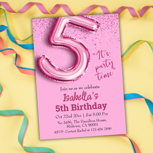 Roze glitter schattige ballon no.5 girly 5e verjaa kaart