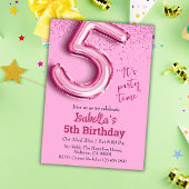 Roze glitter schattige ballon no.5 girly 5e verjaa kaart