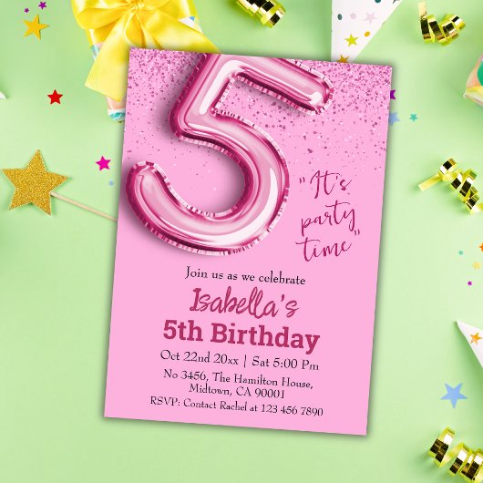 Roze glitter schattige ballon no.5 girly 5e verjaa kaart