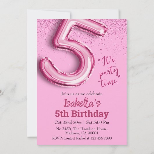 Roze glitter schattige ballon no.5 girly 5e verjaa kaart (Voorkant)