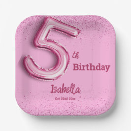 Roze glitter schattige ballon no.5 girly 5e verjaa papieren bordje