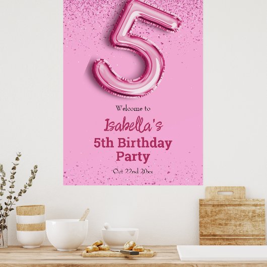 Roze glitter schattige ballon no.5 girly 5e verjaa poster (Keuken)