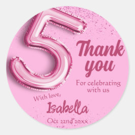 Roze glitter schattige ballon no.5 girly 5e verjaa ronde sticker