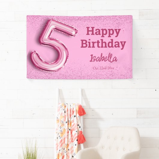 Roze glitter schattige ballon no.5 girly 5e verjaa spandoek (Insitu)