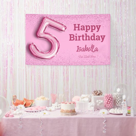 Roze glitter schattige ballon no.5 girly 5e verjaa spandoek (Feest)