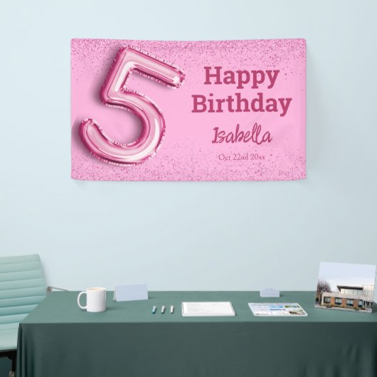 Roze glitter schattige ballon no.5 girly 5e verjaa spandoek (Beurs)