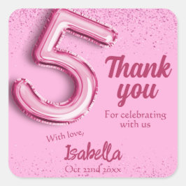 Roze glitter schattige ballon no.5 girly 5e verjaa vierkante sticker