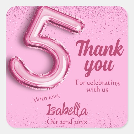 Roze glitter schattige ballon no.5 girly 5e verjaa vierkante sticker (Voorkant)