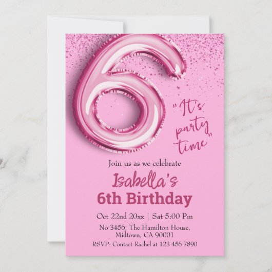 Roze glitter schattige ballon no.6 girly 6e verjaa kaart (Voorkant)