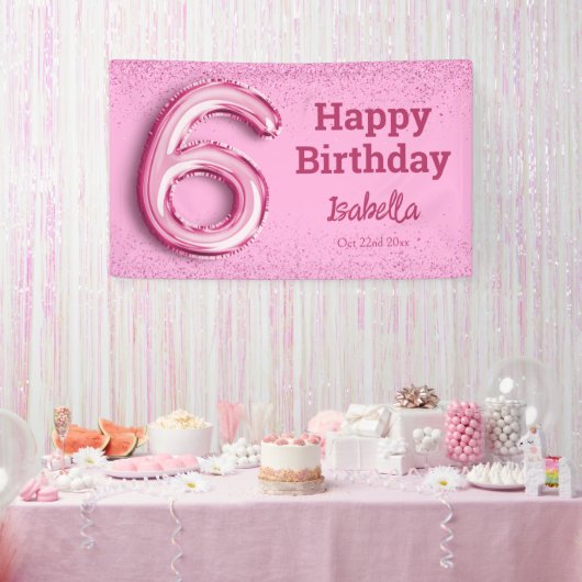 Roze glitter schattige ballon no.6 girly 6e verjaa spandoek (Feest)