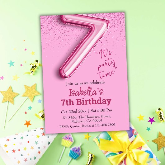 Roze glitter schattige ballon no.7 girly 7e verjaa kaart