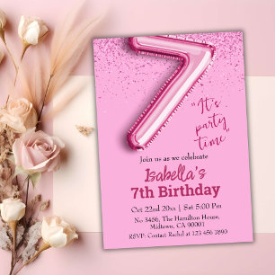 Roze glitter schattige ballon no.7 girly 7e verjaa kaart