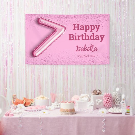 Roze glitter schattige ballon no.7 girly 7e verjaa spandoek (Feest)
