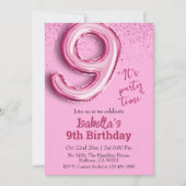 Roze glitter schattige ballon no.9 girly 9e verjaa kaart (Voorkant)
