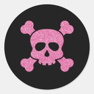 Roze Glitter Schedel en Kruisbeenderen op Zwart Ronde Sticker
