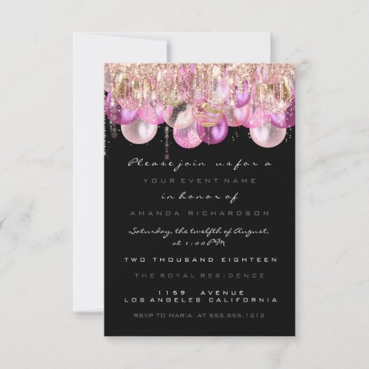 Roze glitter-schijven Roos zwarte bruin, zoet 16th Kaart (Voorkant)