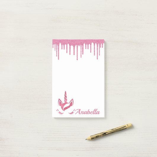 Roze glitter-schijven sterren Unicorn Face Post-it® Notes (Op bureau)