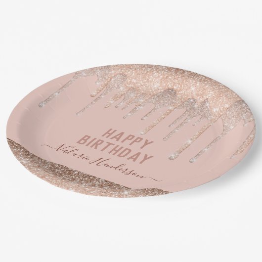 Roze glitter schrijft Happy Birthday Napkins Papieren Bordje (Gekanteld)