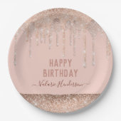 Roze glitter schrijft Happy Birthday Napkins Papieren Bordje (Voorkant)