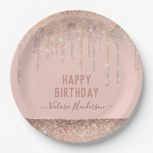 Roze glitter schrijft Happy Birthday Napkins Papieren Bordje (Voorkant)