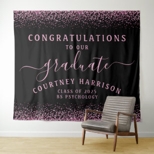 Roze Glitter Script Kalligrafie Zwart Afstuderen Wandkleed