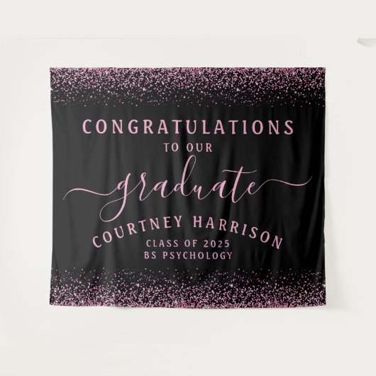 Roze Glitter Script Kalligrafie Zwart Afstuderen Wandkleed (Voorkant (horizontaal))