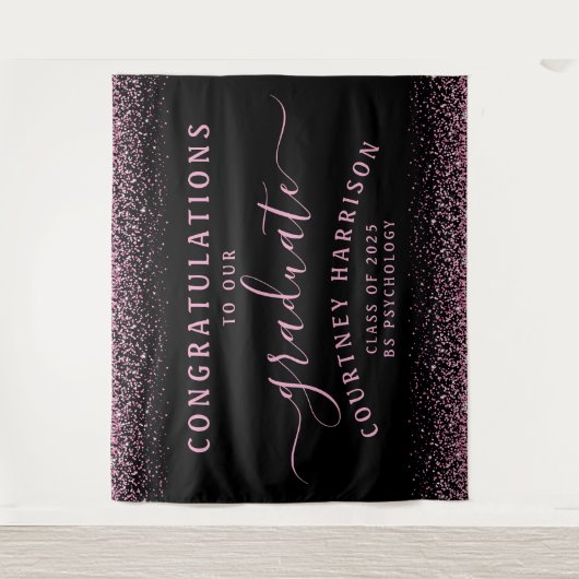 Roze Glitter Script Kalligrafie Zwart Afstuderen Wandkleed (Voorkant)