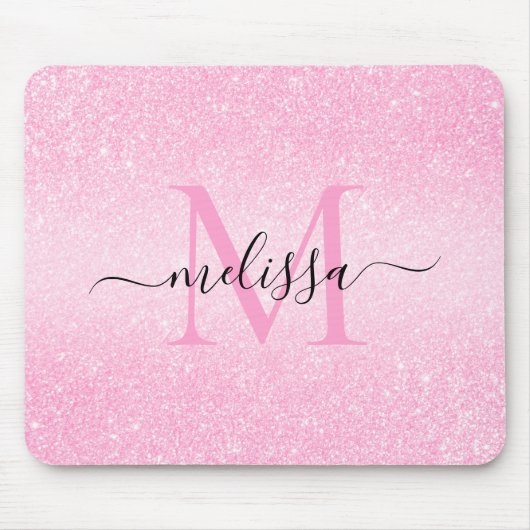 Roze Glitter Script Name Monogram Muismat (Voorkant)