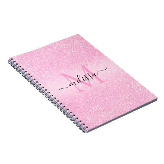 Roze Glitter Script Name Monogram Notitieboek (Rechterzijde)
