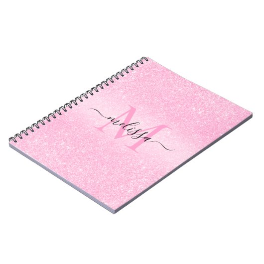 Roze Glitter Script Name Monogram Notitieboek (Linkerzijde)