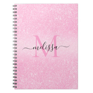 Roze Glitter Script Name Monogram Notitieboek