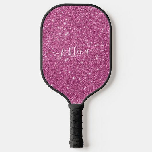 Roze glitter scriptnaam pickleball paddle (Voorkant)