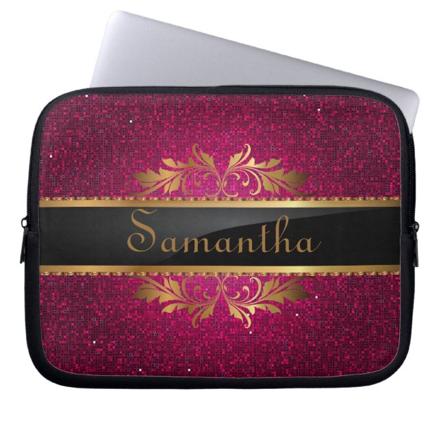 Roze Glitter Sequin Disco Glitz beschermende Hoesj Laptop Sleeve (Voorkant)