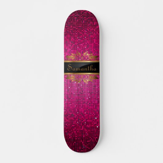 Roze Glitter Sequin Disco Glitz Mini Skateboard (Voorkant)
