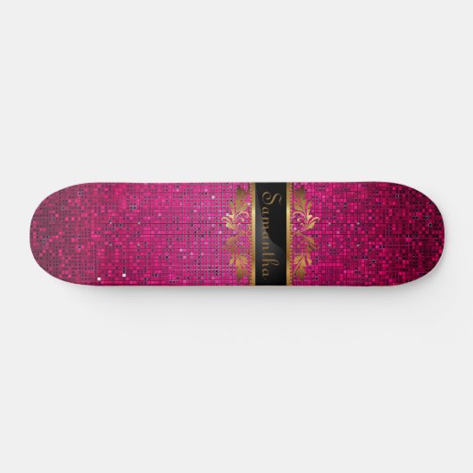 Roze Glitter Sequin Disco Old School Skateboard (Horizontaal)