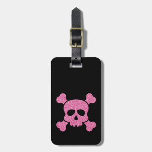 Roze Glitter Skull en Crossbones op Zwart Bagagelabel
