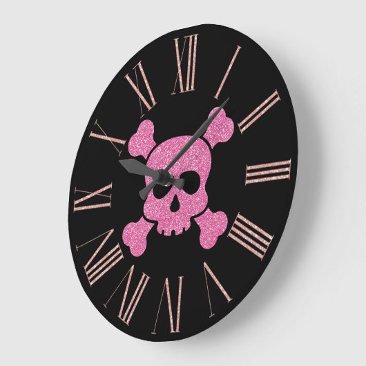 Roze Glitter Skull en Crossbones op Zwart Grote Klok (Hoek)